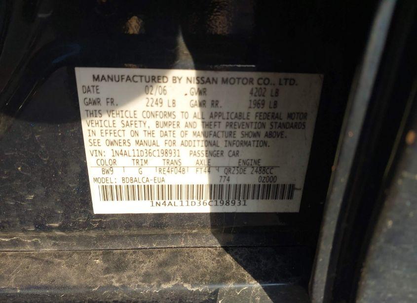 Photo 9 of 2006 Nissan Altima 2.5 S (VIN 1N4AL11D36C198931)