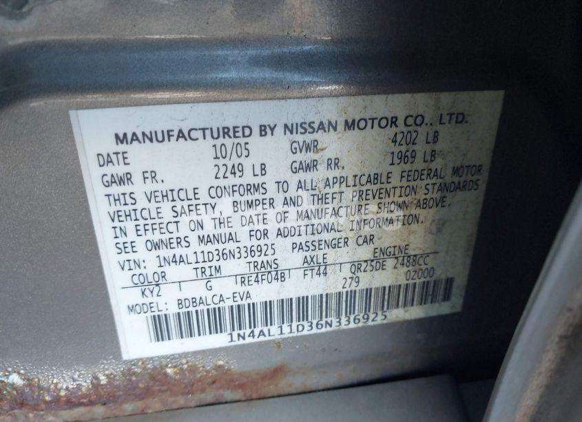 Photo 9 of 2006 Nissan Altima 2.5 S (VIN 1N4AL11D36N336925)