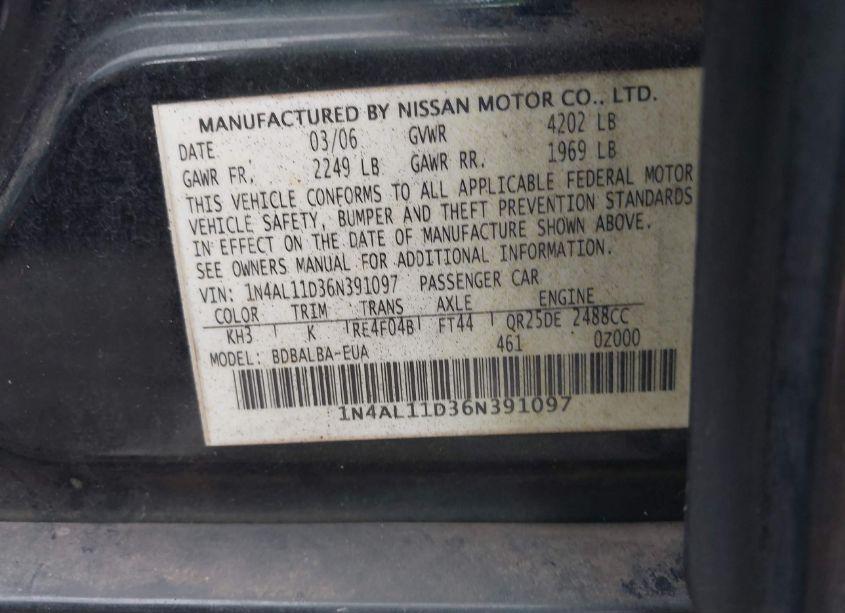 Photo 9 of 2006 Nissan Altima 2.5 S (VIN 1N4AL11D36N391097)
