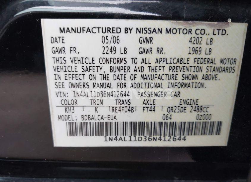 Photo 9 of 2006 Nissan Altima 2.5 S (VIN 1N4AL11D36N412644)