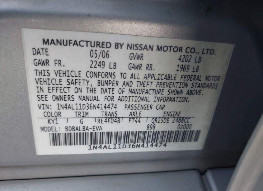 Photo 9 of 2006 Nissan Altima 2.5 S (VIN 1N4AL11D36N414474)