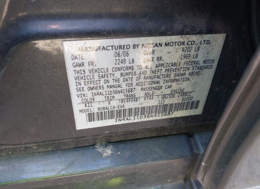 Photo 9 of 2006 Nissan Altima 2.5 S (VIN 1N4AL11D36N415687)