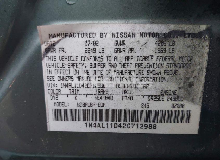 Photo 9 of 2002 Nissan Altima 2.5 S (VIN 1N4AL11D42C712988)