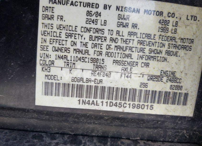 Photo 9 of 2005 Nissan Altima 2.5 S (VIN 1N4AL11D45C198015)