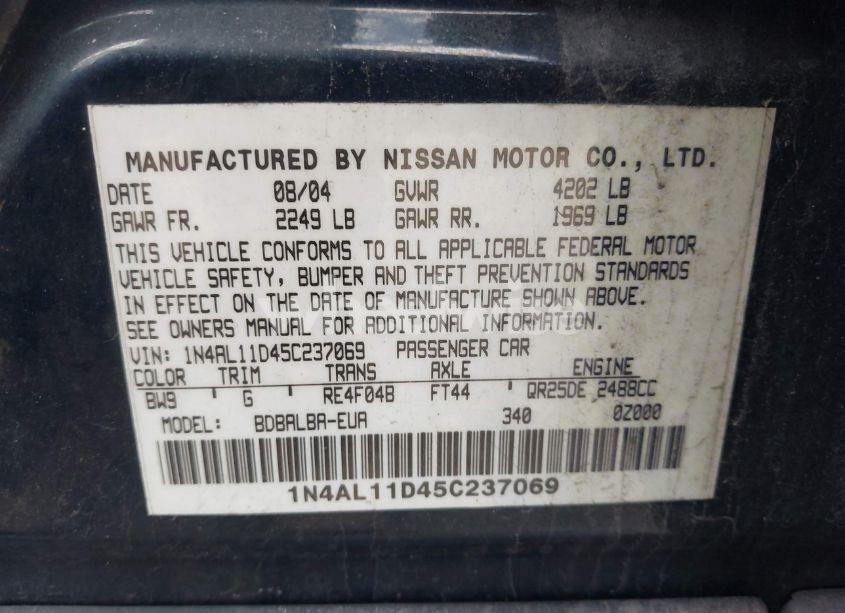 Photo 9 of 2005 Nissan Altima 2.5 S (VIN 1N4AL11D45C237069)