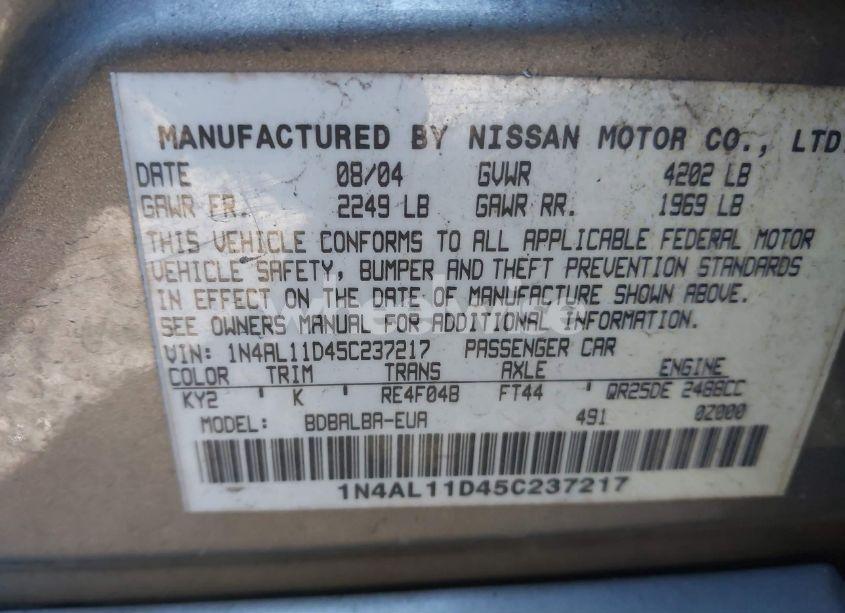 Photo 9 of 2005 Nissan Altima 2.5 S (VIN 1N4AL11D45C237217)
