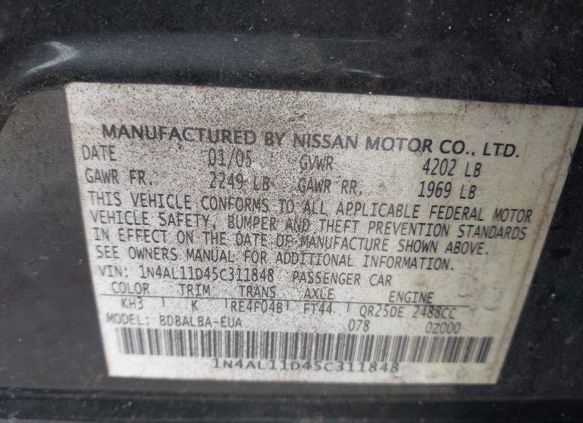 Photo 9 of 2005 Nissan Altima 2.5 S (VIN 1N4AL11D45C311848)