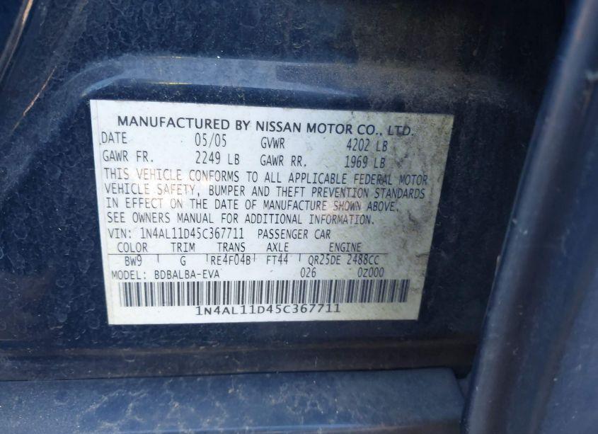 Photo 9 of 2005 Nissan Altima 2.5 S (VIN 1N4AL11D45C367711)