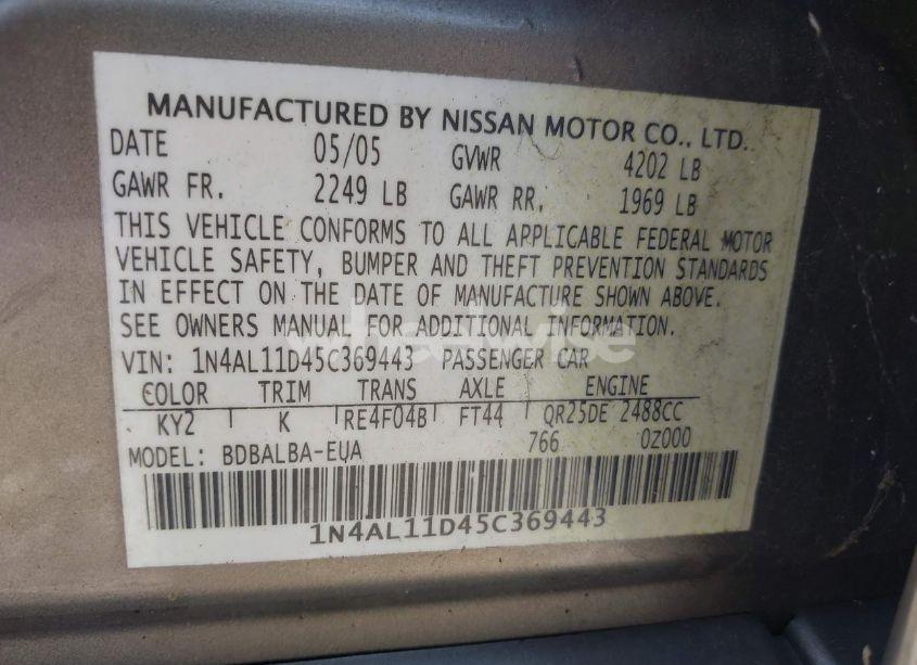 Photo 9 of 2005 Nissan Altima 2.5 S (VIN 1N4AL11D45C369443)