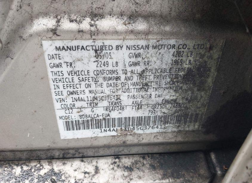 Photo 9 of 2005 Nissan Altima 2.5 S (VIN 1N4AL11D45C376411)