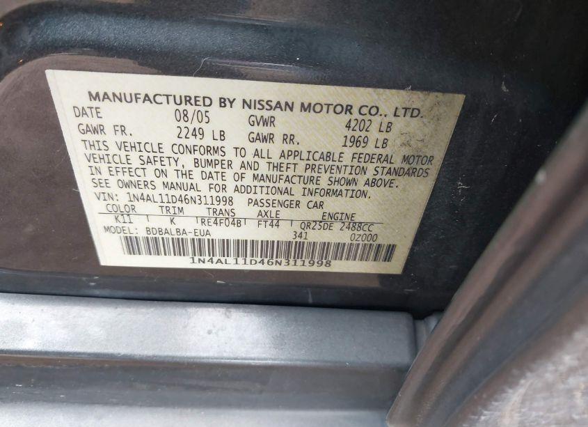 Photo 9 of 2006 Nissan Altima 2.5 S (VIN 1N4AL11D46N311998)