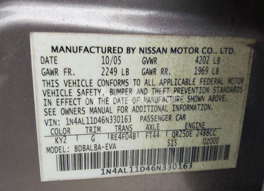 Photo 9 of 2006 Nissan Altima 2.5 S (VIN 1N4AL11D46N330163)