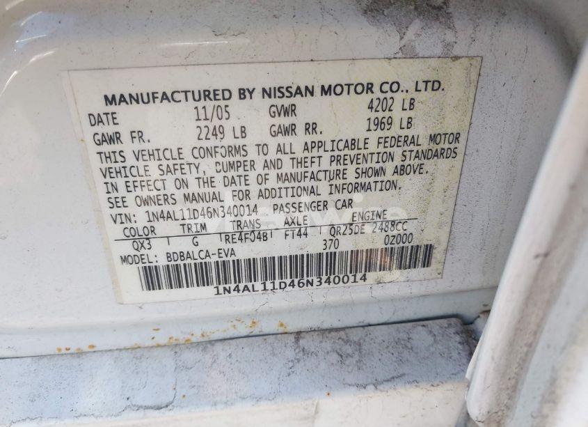 Photo 9 of 2006 Nissan Altima 2.5 S (VIN 1N4AL11D46N340014)