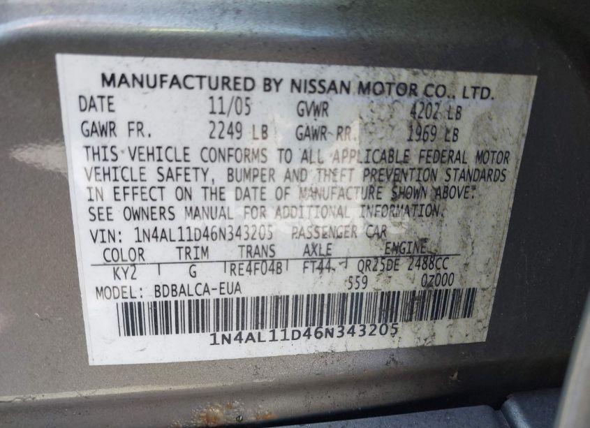 Photo 9 of 2006 Nissan Altima 2.5 S (VIN 1N4AL11D46N343205)