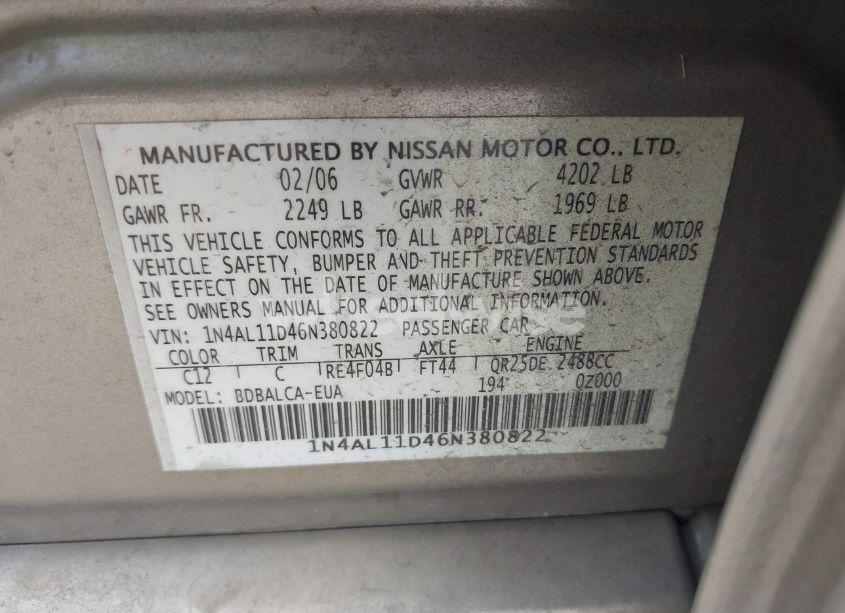 Photo 9 of 2006 Nissan Altima 2.5 S (VIN 1N4AL11D46N380822)