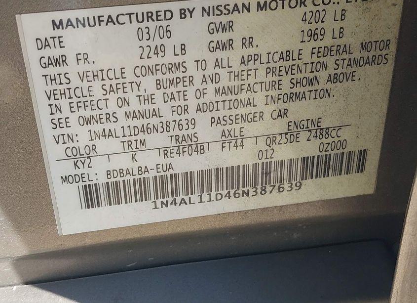 Photo 9 of 2006 Nissan Altima 2.5 S (VIN 1N4AL11D46N387639)