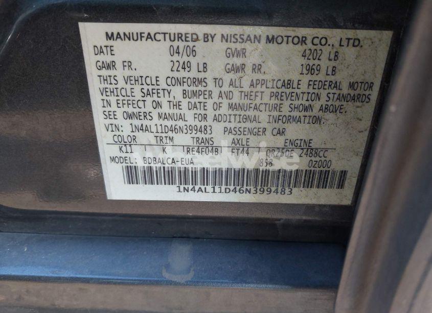 Photo 9 of 2006 Nissan Altima 2.5 S (VIN 1N4AL11D46N399483)