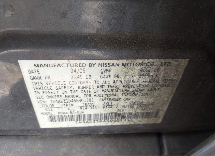 Photo 9 of 2006 Nissan Altima 2.5 S (VIN 1N4AL11D46N401393)