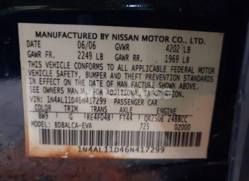 Photo 9 of 2006 Nissan Altima 2.5 S (VIN 1N4AL11D46N417299)