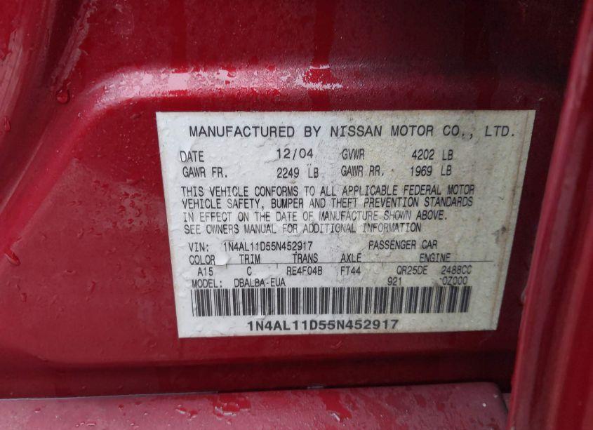 Photo 9 of 2005 Nissan Altima 2.5 S (VIN 1N4AL11D55N452917)