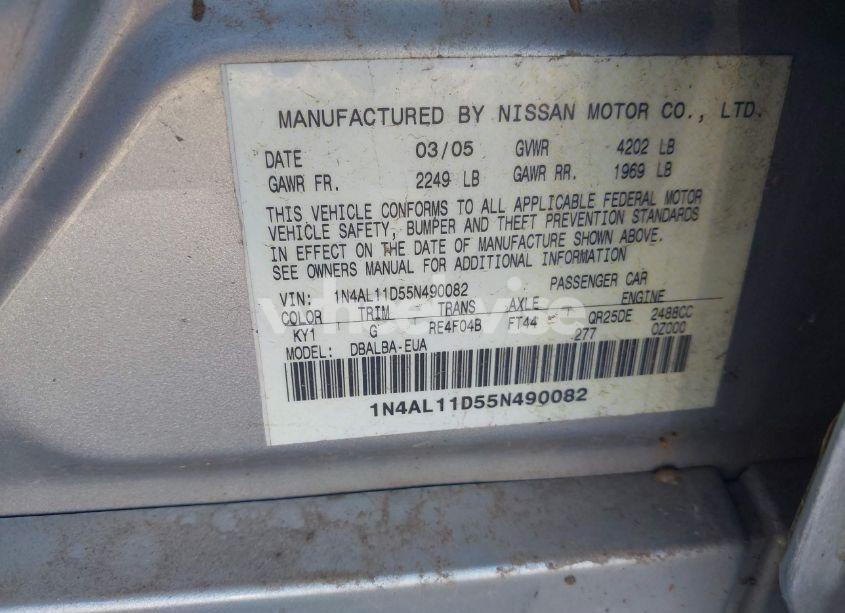 Photo 9 of 2005 Nissan Altima 2.5 S (VIN 1N4AL11D55N490082)