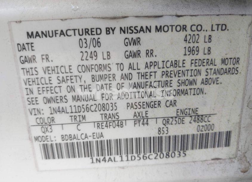Photo 9 of 2006 Nissan Altima 2.5 S (VIN 1N4AL11D56C208035)