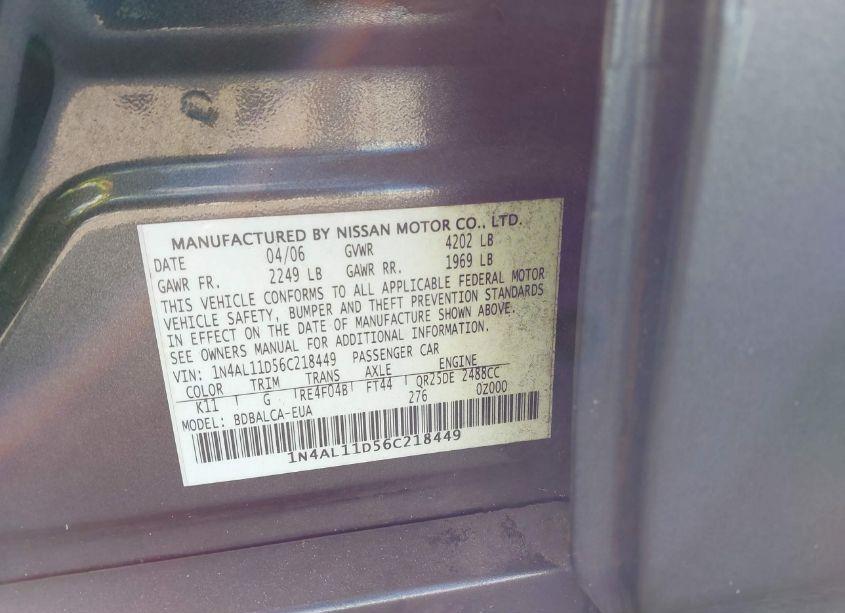Photo 9 of 2006 Nissan Altima 2.5 S (VIN 1N4AL11D56C218449)