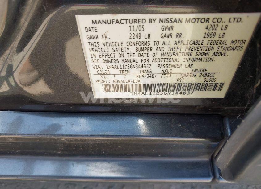 Photo 9 of 2006 Nissan Altima 2.5 S (VIN 1N4AL11D56N344637)