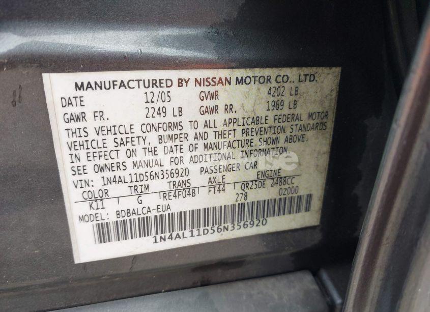 Photo 9 of 2006 Nissan Altima 2.5 S (VIN 1N4AL11D56N356920)