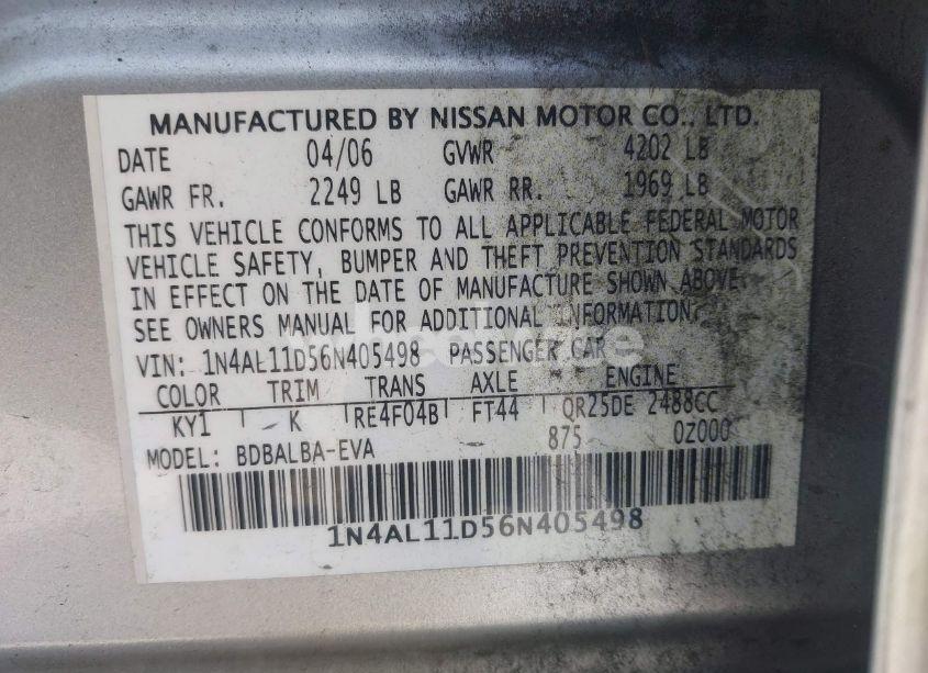 Photo 9 of 2006 Nissan Altima 2.5 S (VIN 1N4AL11D56N405498)