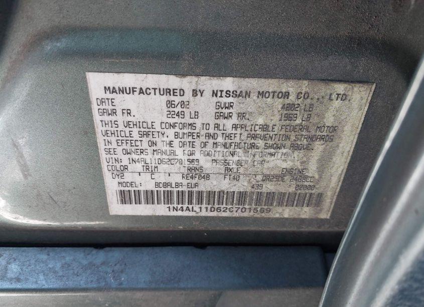Photo 9 of 2002 Nissan Altima 2.5 S (VIN 1N4AL11D62C701569)
