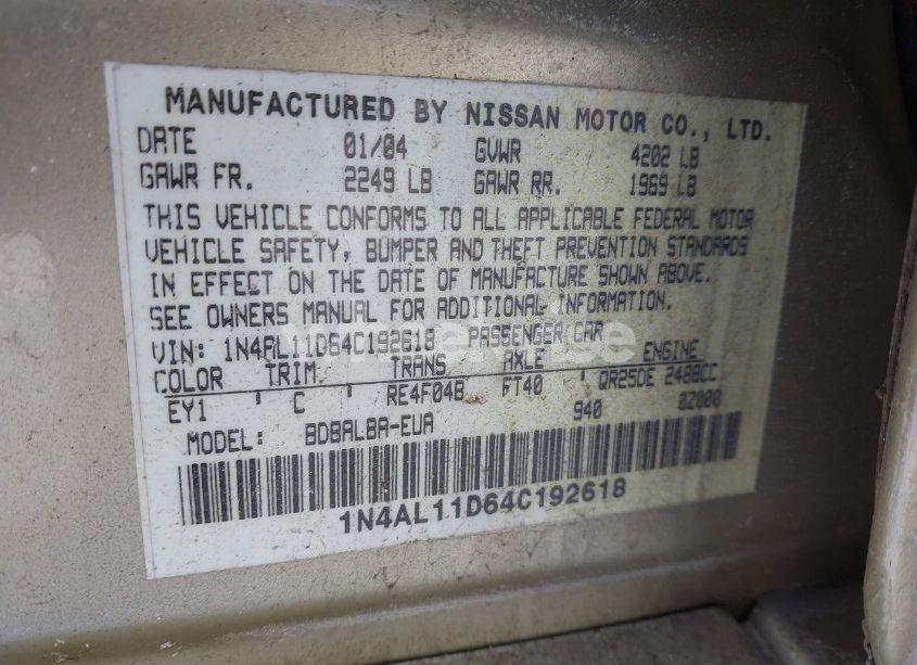 Photo 9 of 2004 Nissan Altima 2.5 SL (VIN 1N4AL11D64C192618)