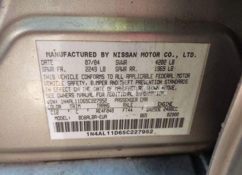 Photo 9 of 2005 Nissan Altima 2.5 S (VIN 1N4AL11D65C227952)