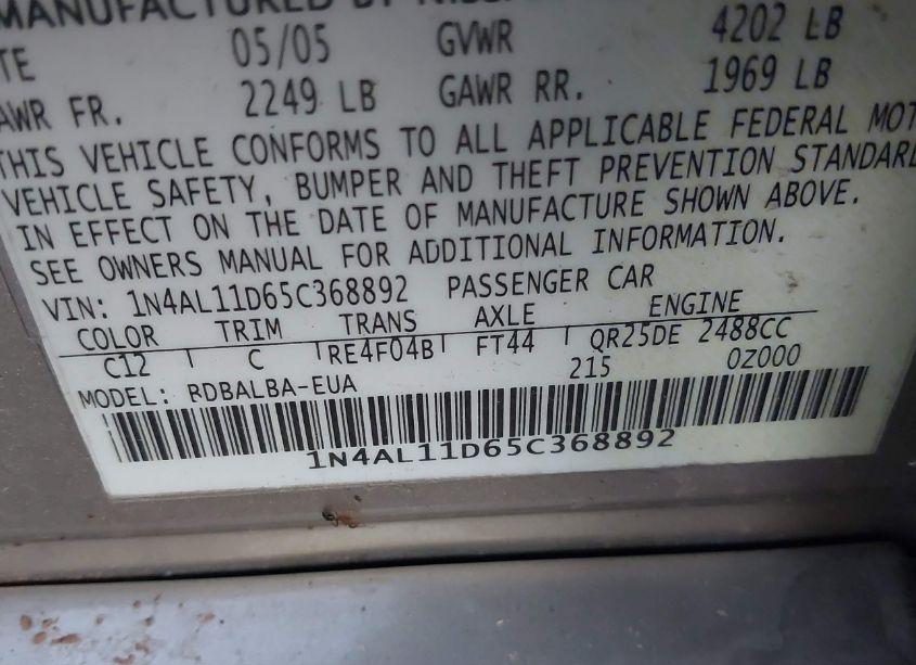 Photo 9 of 2005 Nissan Altima 2.5 S (VIN 1N4AL11D65C368892)