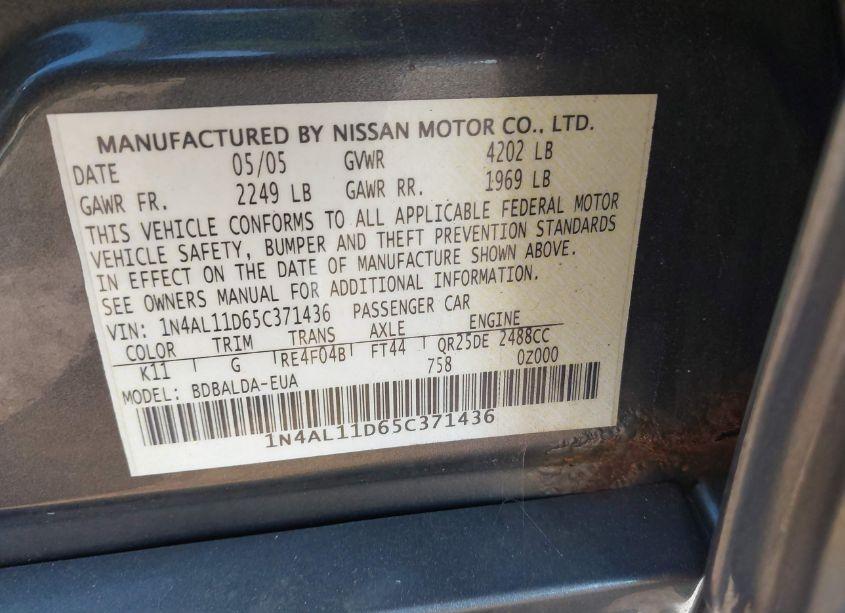 Photo 9 of 2005 Nissan Altima 2.5 S (VIN 1N4AL11D65C371436)