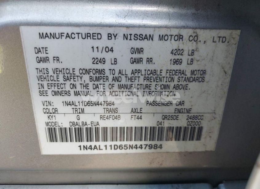 Photo 9 of 2005 Nissan Altima 2.5 S (VIN 1N4AL11D65N447984)