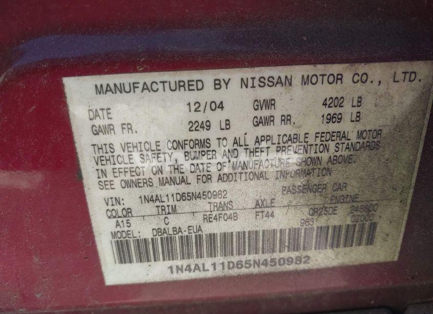 Photo 9 of 2005 Nissan Altima 2.5 S (VIN 1N4AL11D65N450982)
