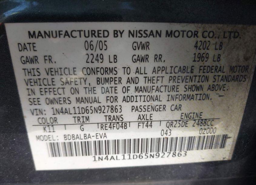 Photo 9 of 2005 Nissan Altima 2.5 S (VIN 1N4AL11D65N927863)