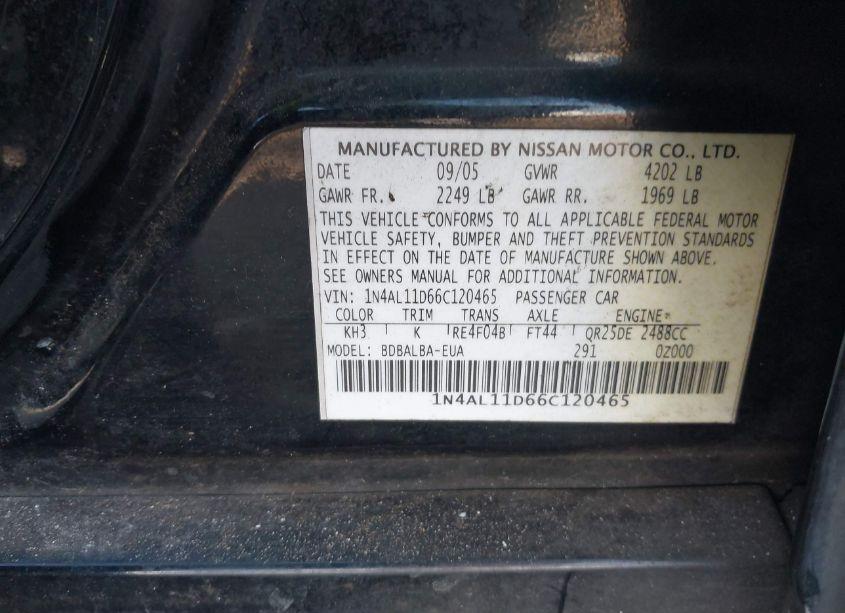 Photo 9 of 2006 Nissan Altima 2.5 S (VIN 1N4AL11D66C120465)