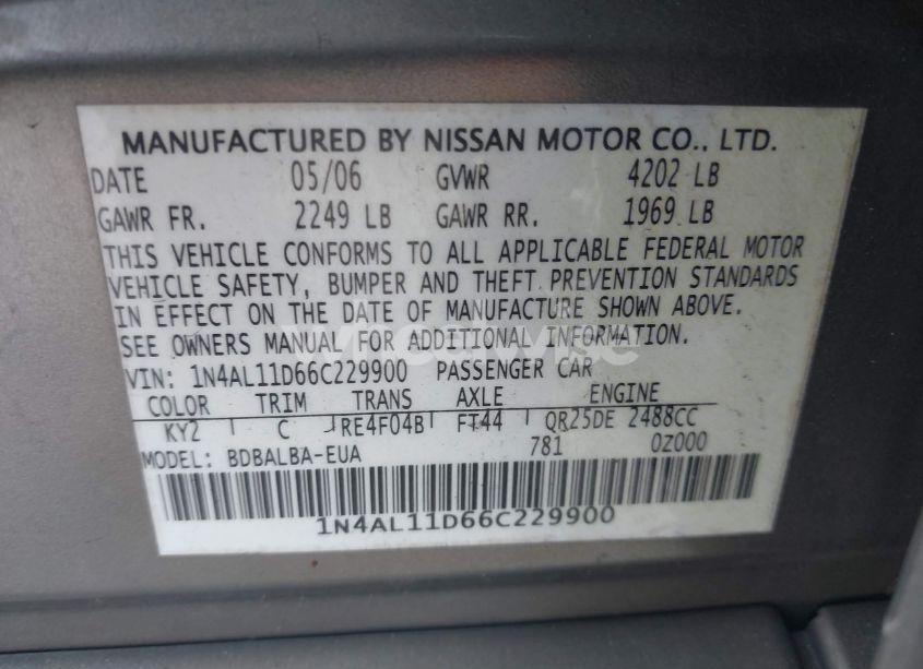 Photo 9 of 2006 Nissan Altima 2.5 S (VIN 1N4AL11D66C229900)