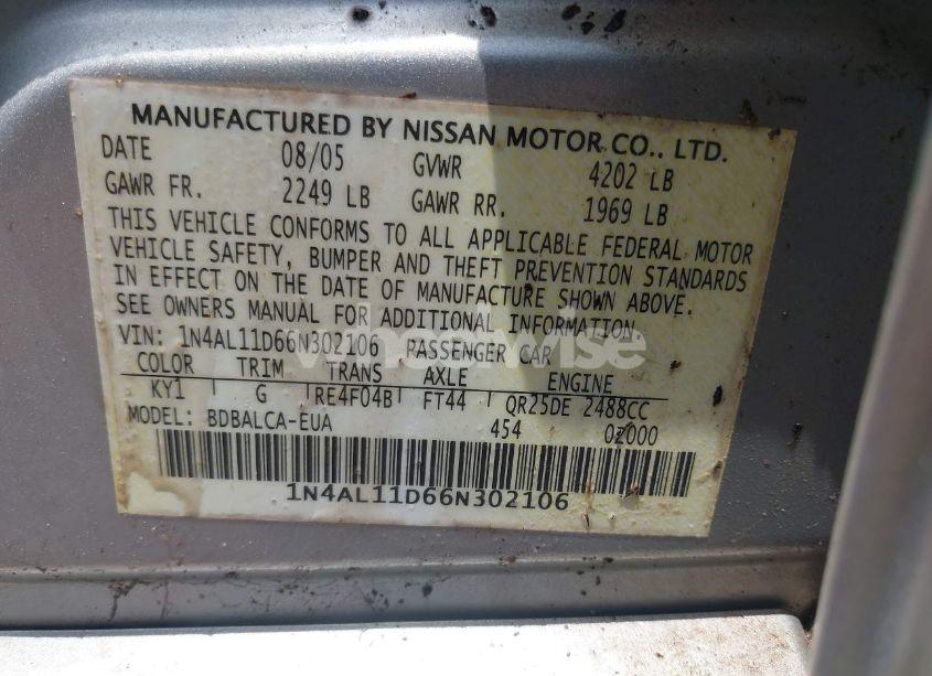 Photo 9 of 2006 Nissan Altima 2.5 S (VIN 1N4AL11D66N302106)