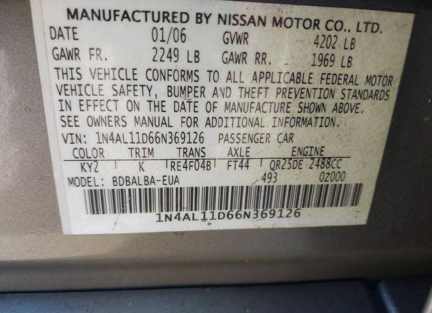 Photo 9 of 2006 Nissan Altima 2.5 S (VIN 1N4AL11D66N369126)