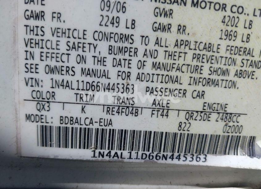 Photo 9 of 2006 Nissan Altima 2.5 S (VIN 1N4AL11D66N445363)