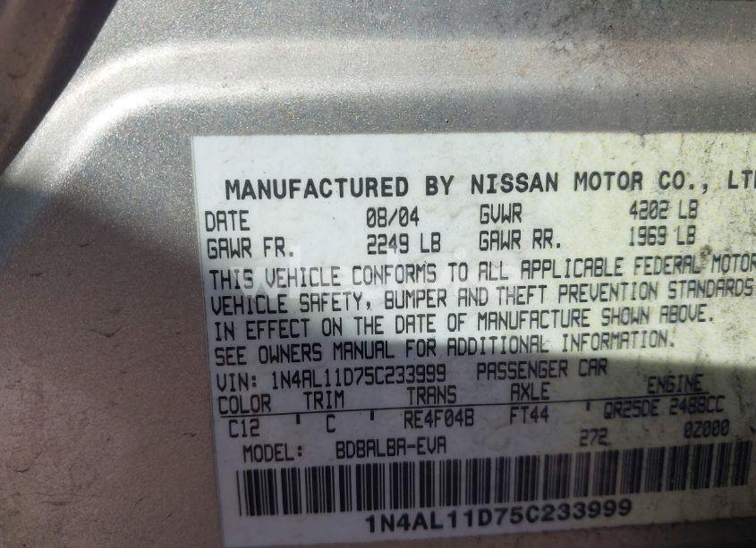 Photo 9 of 2005 Nissan Altima 2.5 S (VIN 1N4AL11D75C233999)