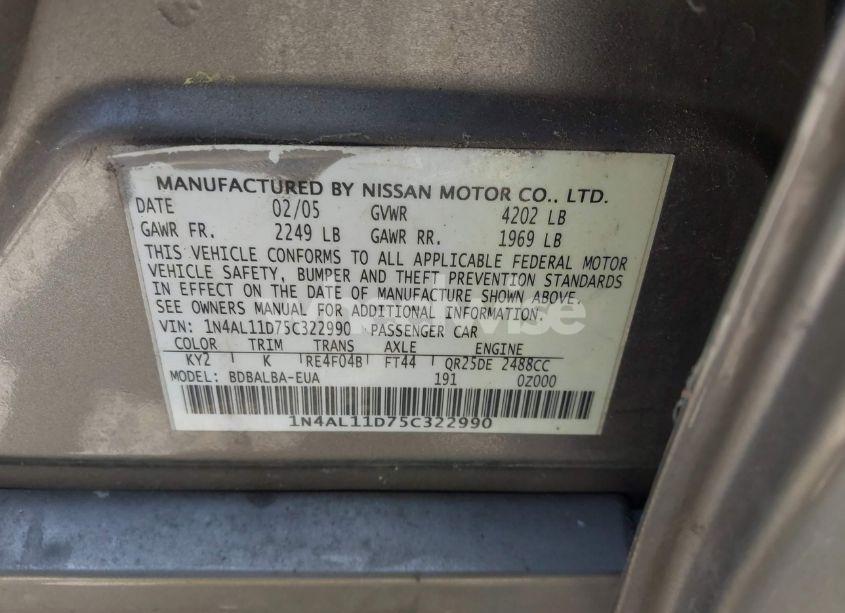 Photo 9 of 2005 Nissan Altima 2.5 S (VIN 1N4AL11D75C322990)