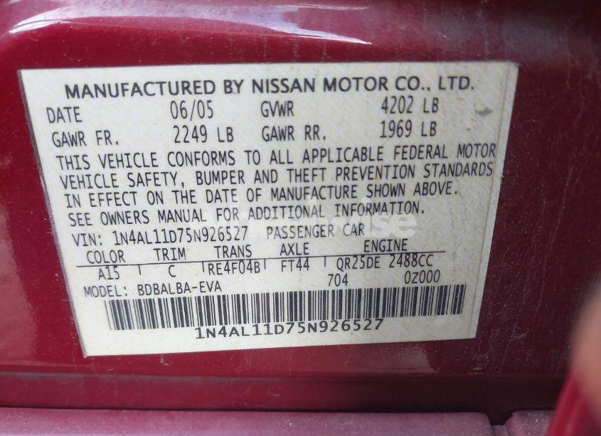 Photo 9 of 2005 Nissan Altima 2.5 S (VIN 1N4AL11D75N926527)