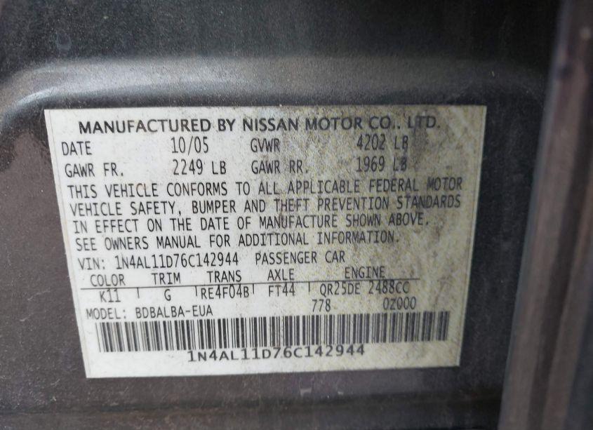 Photo 9 of 2006 Nissan Altima 2.5 S (VIN 1N4AL11D76C142944)
