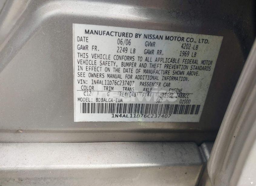 Photo 9 of 2006 Nissan Altima 2.5 S (VIN 1N4AL11D76C237407)
