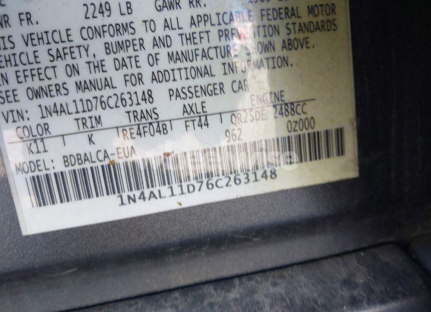 Photo 9 of 2006 Nissan Altima 2.5 S (VIN 1N4AL11D76C263148)
