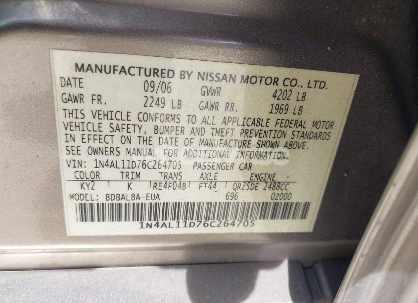 Photo 9 of 2006 Nissan Altima 2.5 S (VIN 1N4AL11D76C264705)